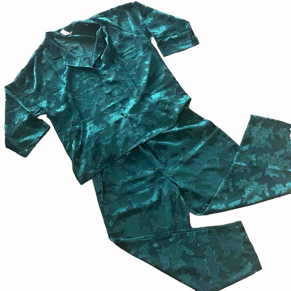 Vintage VICTORIAS SECRET Sheer 2 Piece Pajamas Set Gold Label Satin Lace Sexy L